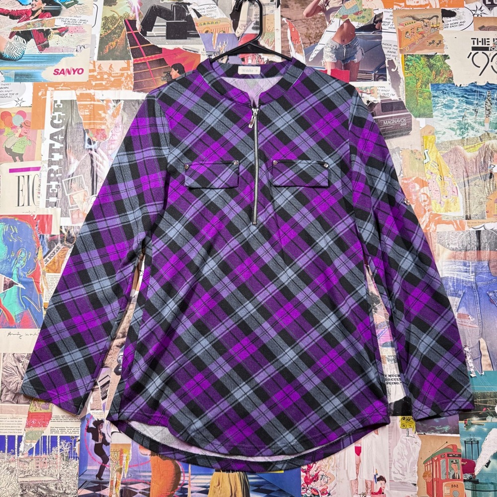 Purple and grey plaid half zip-up long sleeve shirt‎